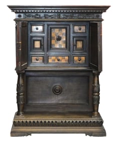 Renaissance Revival chest on stand, late 19th C., Continental, flat top with dentil carved border