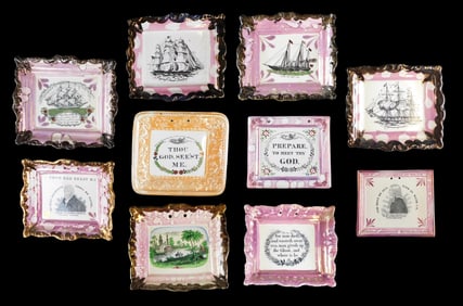Dixon & Co. Sunderland lusterware wall plaques, ten pieces, transfer images and text, religious and