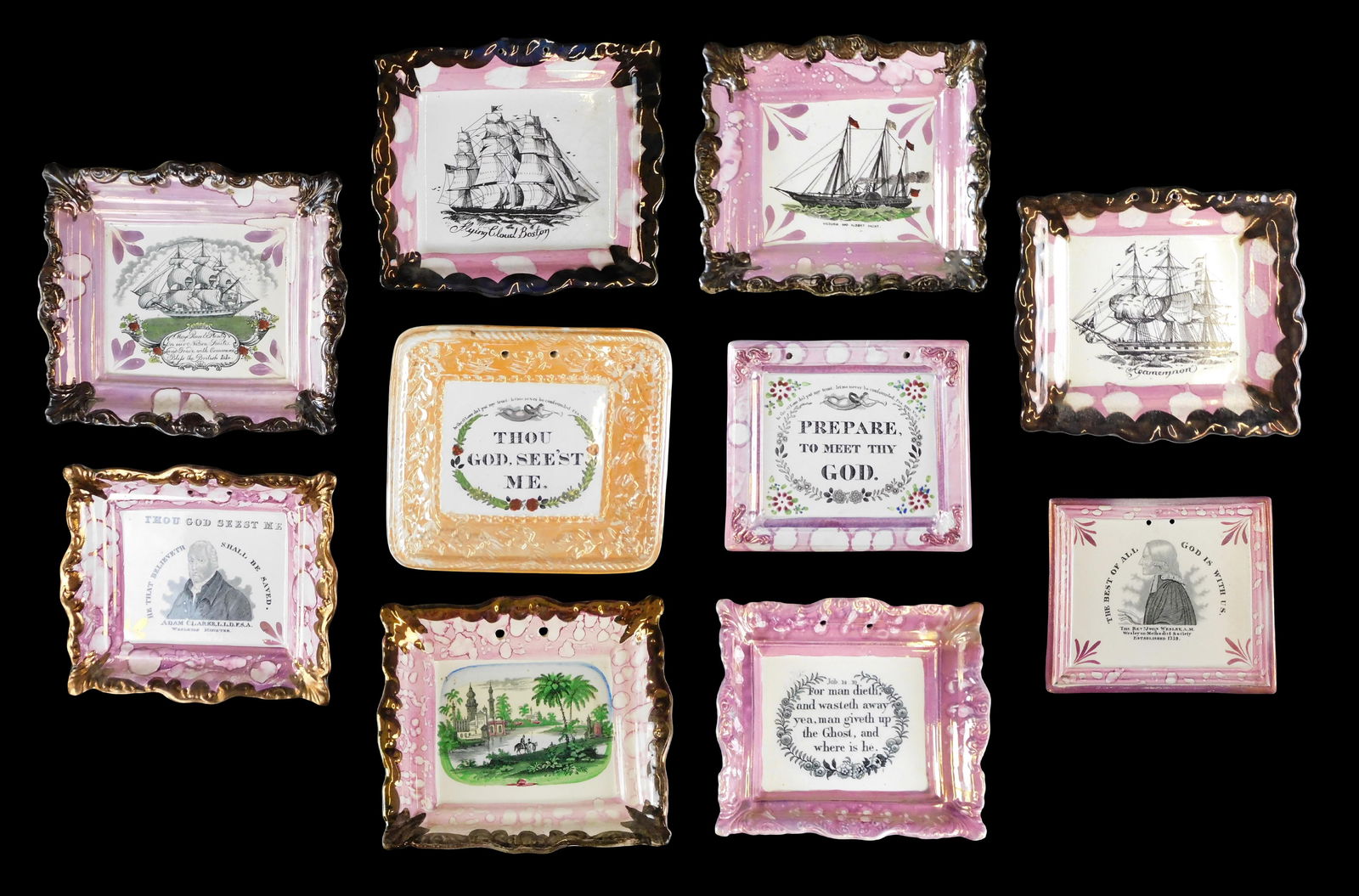 Dixon & Co. Sunderland lusterware wall plaques, ten pieces, transfer images and text, religious and (1 of 4)