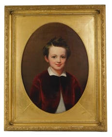 Early 20th C. portrait of young boy, oil on canvas laid down, the boy wears a burgundy velvet