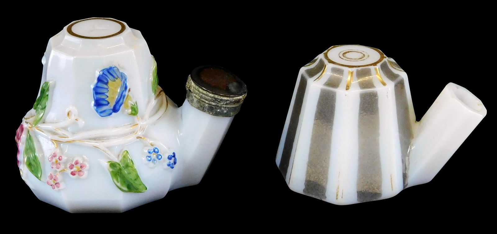 Two 19th C. blown-molded glass tea kettle inkwells, opaque white/milk glass, unmarked, details (1 of 4)