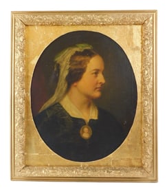 19th C. portrait of a woman, oil on canvas, c. 1872, she wears all black with white collar and lace