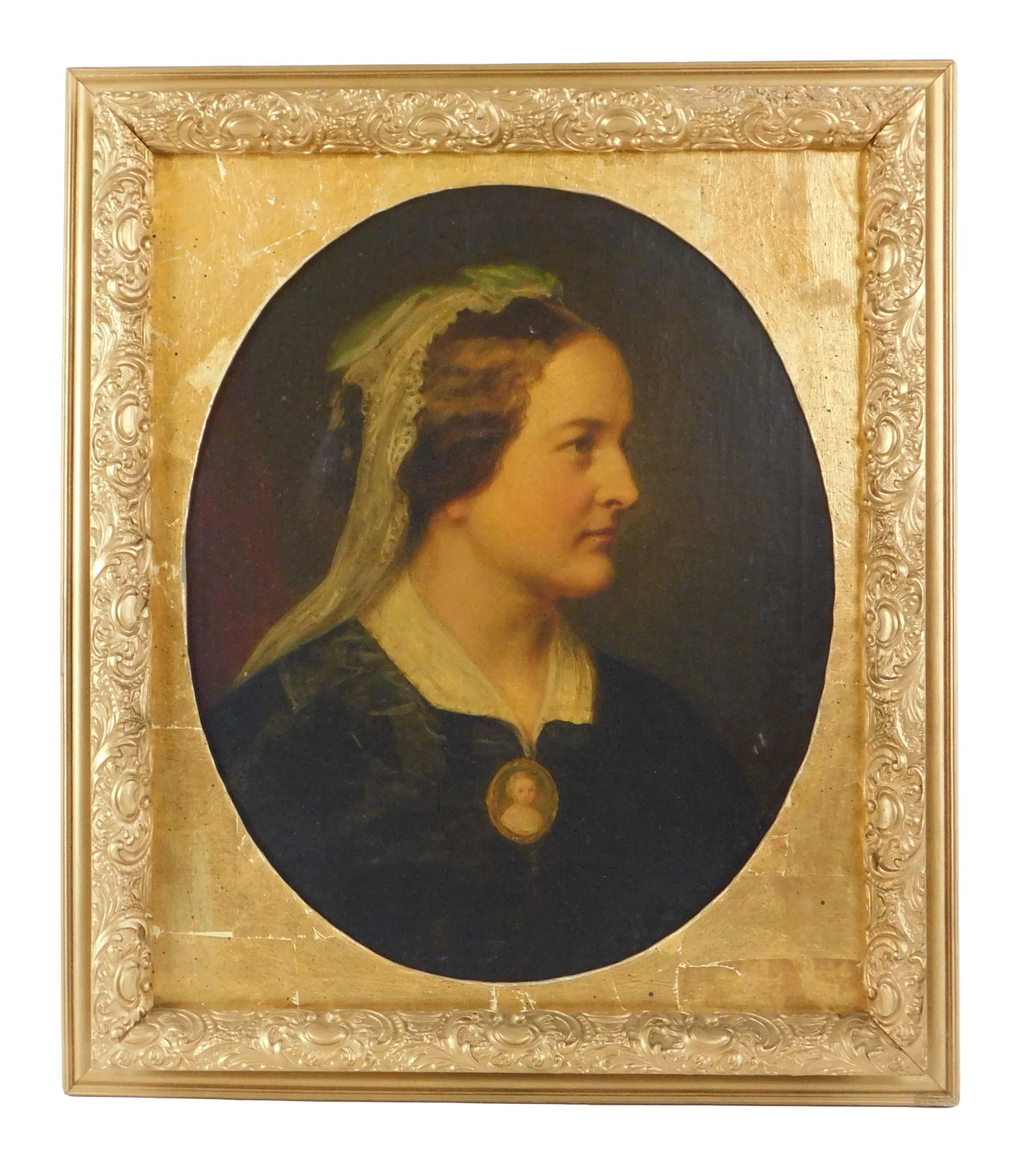 19th C. portrait of a woman, oil on canvas, c. 1872, she wears all black with white collar and lace: 19th C. portrait of a woman, oil on canvas, c. 1872, she wears all black with white collar and lace headpiece, a brooch with a portrait of a child at closure of coat, signature lower right partially o