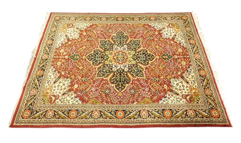 RUG: Modern Persian design, 12' l. x 9' w., red with large center floral dark blue medallion, floral