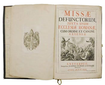 BOOK: 1730 Antwerp Requiem Mass with Period Binding and Original Engravings, details include: [Mass