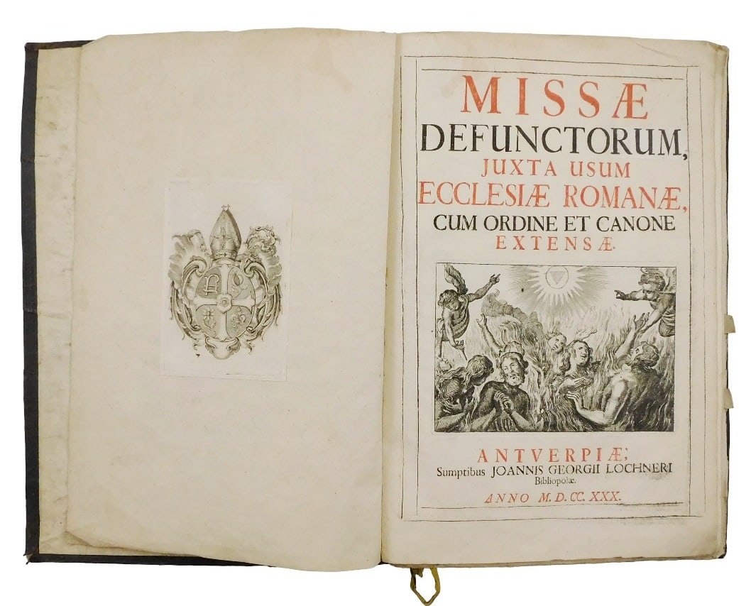BOOK: 1730 Antwerp Requiem Mass with Period Binding and Original Engravings, details include: [Mass (1 of 4)