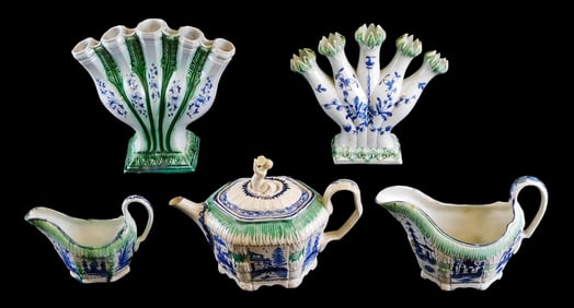 19th C. English pearlware teapot, gravy boats, and finger vases, five pieces total, green and blue