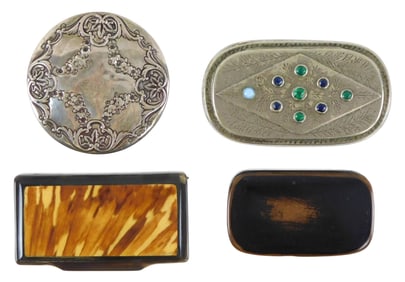 Gorham, etc., four small boxes, sterling, horn, etc., details include: Gorham sterling round box