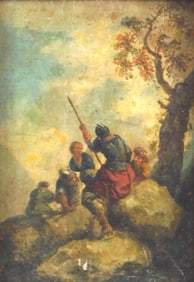 Old Master Continental oil on wood panel, depicts soldiers and peasants gathered by rock, no