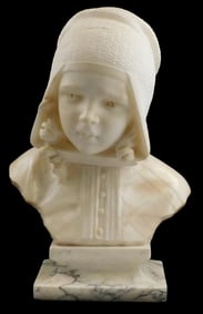 SCULPTURE: Mario Pedrini (Italian, 19th C.), carved alabaster bust with marble base, depicts young