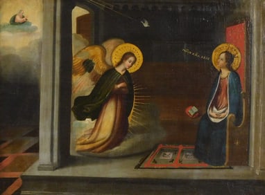 19th C. Annunciation scene, oil on canvas, interior scene with Mary being approached by an angel and