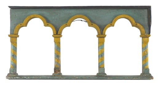 Trefoil arch columned window wall-hanging, 19th C./ early 20th C., hand-painted wood frame with blue