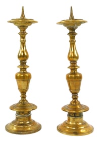 Pair of brass pricket sticks, Continental, 19th C. or earlier, wear consistent with age and use