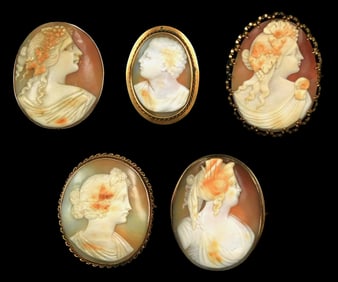 CAMEOS: Five Cameo pin/pendants, in tested or stamped 14K gold frames, all set with traditional