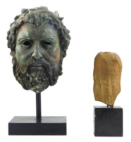 Two classical mounted sculptures, unmarked, not dated, details include: bronze Grecian sculpture of