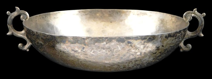 SILVER: Hammered double handled bowl, bowl and handles tested, unmarked, 7 7/8" dia. [Total Weight: