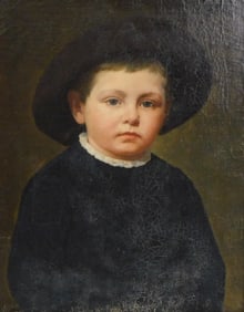 Portrait of young boy in wide brim hat, 19th C., Continental, oil on canvas laid down on board,