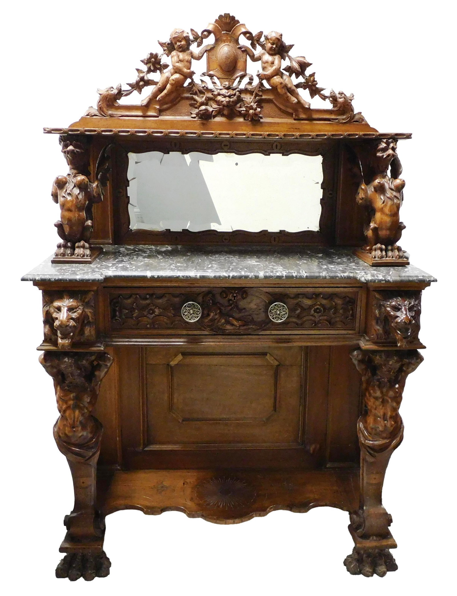 Italian Renaissance Revival sideboard, late 19th C., with elaborately carved and pierced crest of (1 of 5)