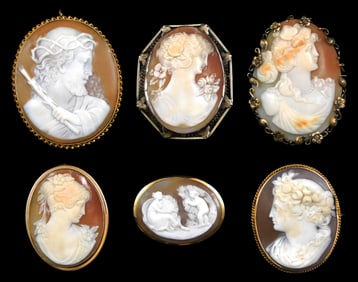 CAMEOS: Six Cameo pin/pendants, in tested or stamped 14K gold frames, all set with traditional