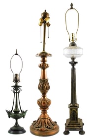 Three ornate revival lamp bases, details include: Gothic revival cathedral lamp base, likely white