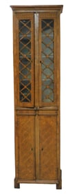 + Continental walnut-veneered display cabinet with early elements, c. 1900, upper doors with diamond