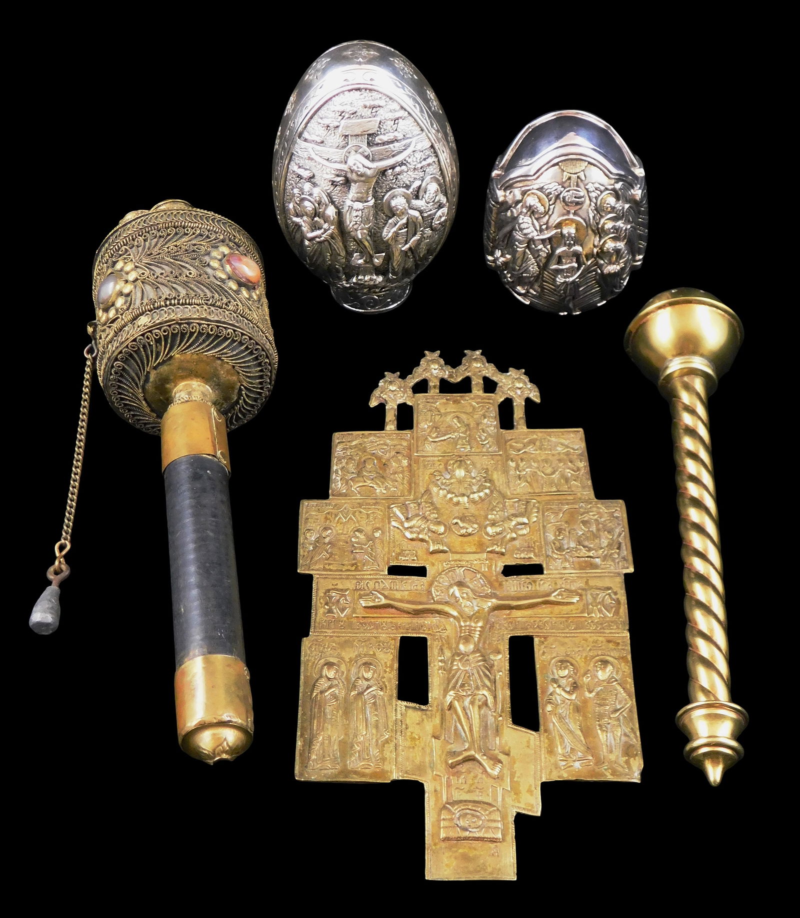 Five religious objects, includes: two Greek Orthodox decorative eggs, 20th C., both feature relief: Five religious objects, includes: two Greek Orthodox decorative eggs, 20th C., both feature relief depictions of Christ crucifixion to one side and and resurrection to other, smaller with gilt accents