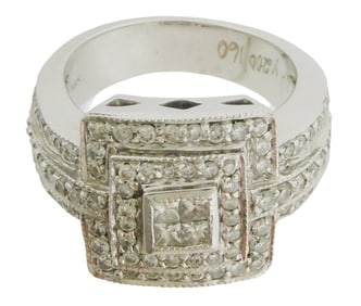 JEWELRY: 18K Diamond cluster ring, setting stamped and tested “18K?? white gold, square cluster