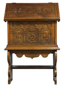 Neo-Gothic drop-front chest on stand with lectern top, late 19th C., with Italian type carved