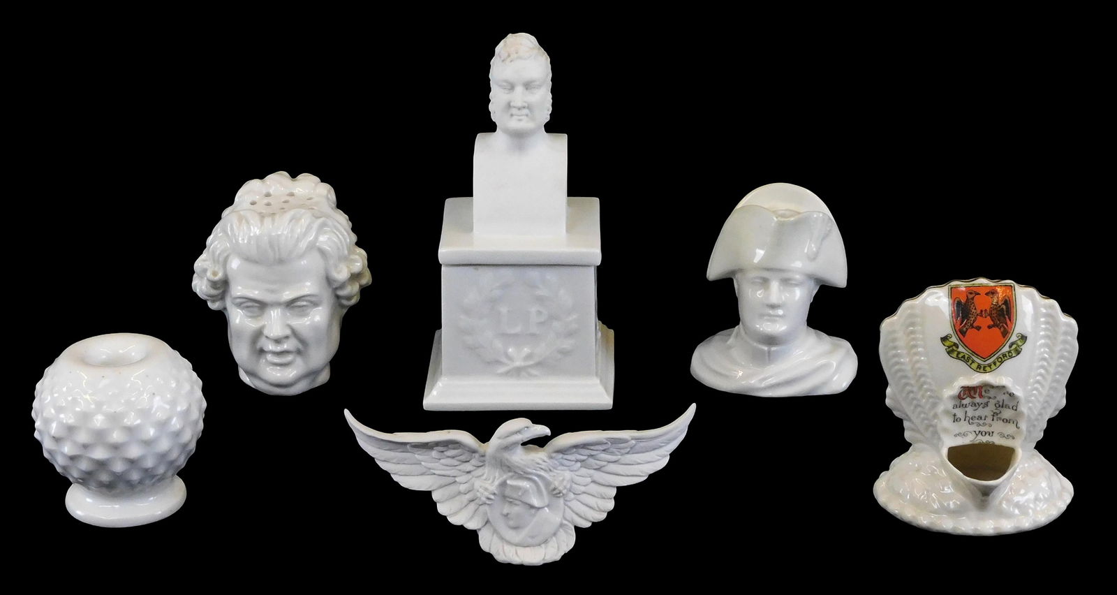 Creamware inkwells and pounce pot, six pieces, porcelain, most unmarked, details include: figural (1 of 5)