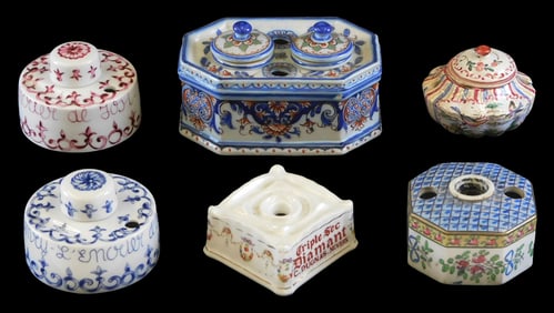 Six French porcelain inkwells, most unmarked, details include: Quimper polychrome inkwell, stripes
