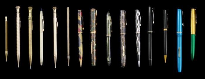 Waterman’s, gold-filled, etc., collection of fountain pens, pencils, etc., fifteen pieces, details
