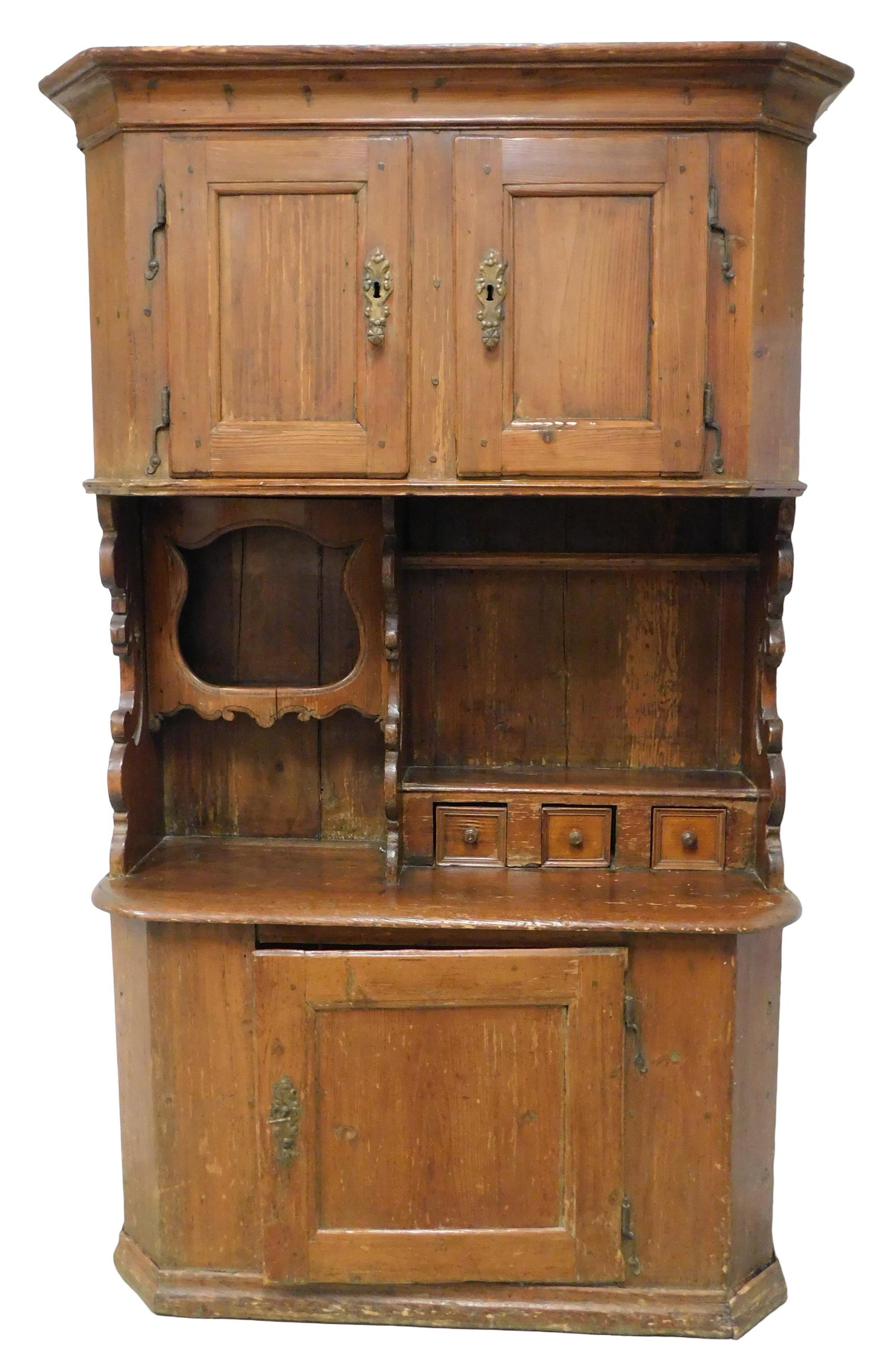 + Swiss cupboard, 19th C., pine, two paneled doors over open shelves with pierced bracket sides and (1 of 3)