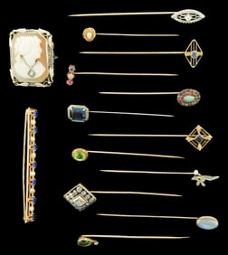 JEWELRY: Fourteen gold pins, 14K and 10K, some set with precious, semi-precious or faux stones,