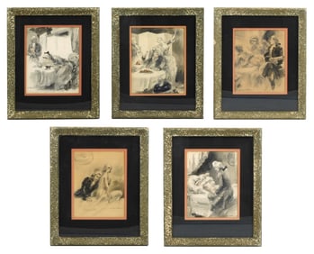 "The Five Senses", C.1954, Georges Villa, Five framed pencil illustrations with watercolor and