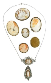JEWELRY: Seven Cameos in silver settings, two pins, four pin/pendants and one necklace, four in