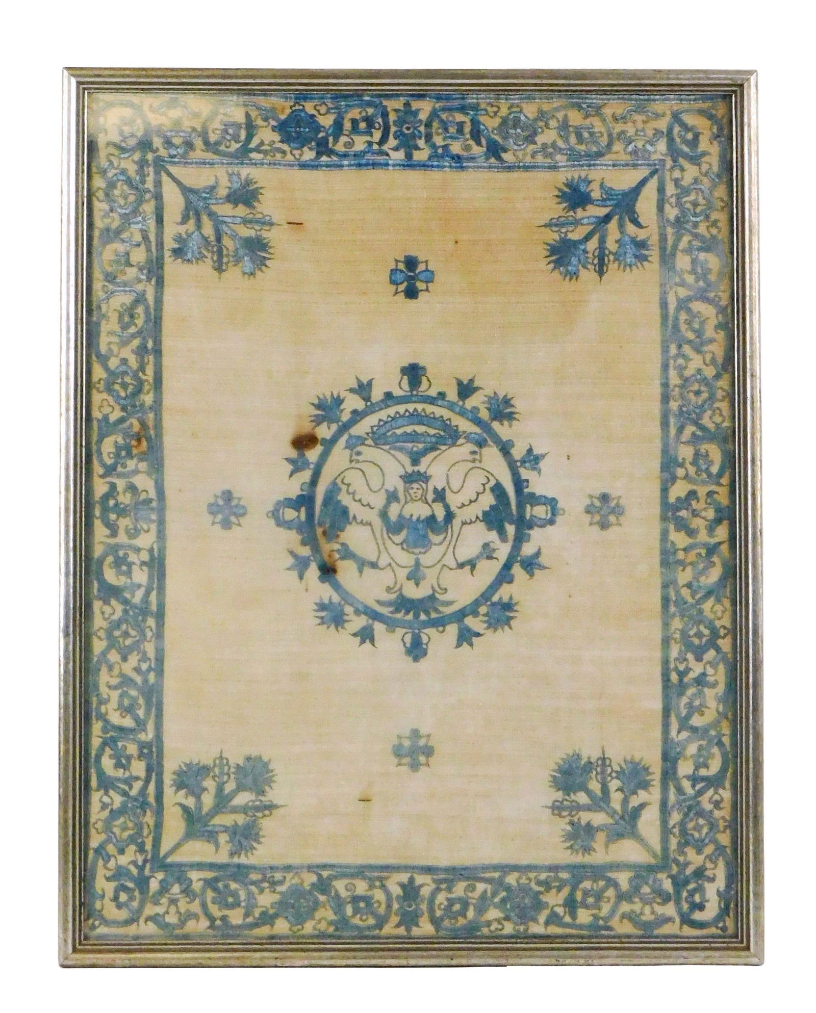 18th C. framed embroidery, slate blue threading on cream fabric features lace-like border and: 18th C. framed embroidery, slate blue threading on cream fabric features lace-like border and central cartouche with double headed bird and crowned figure, 1949 letter attached verso from the Boston M
