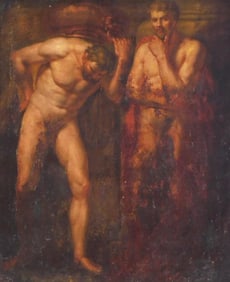 Old Master type oil on canvas depicting to standing nude males draped in red classical robes, 18th/