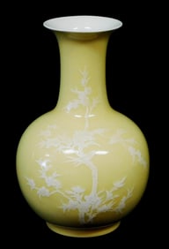 ASIAN: Chinese yellow vase with white pate-sur-pate design, 20th C., chinoiserie-style pate-sur-pate