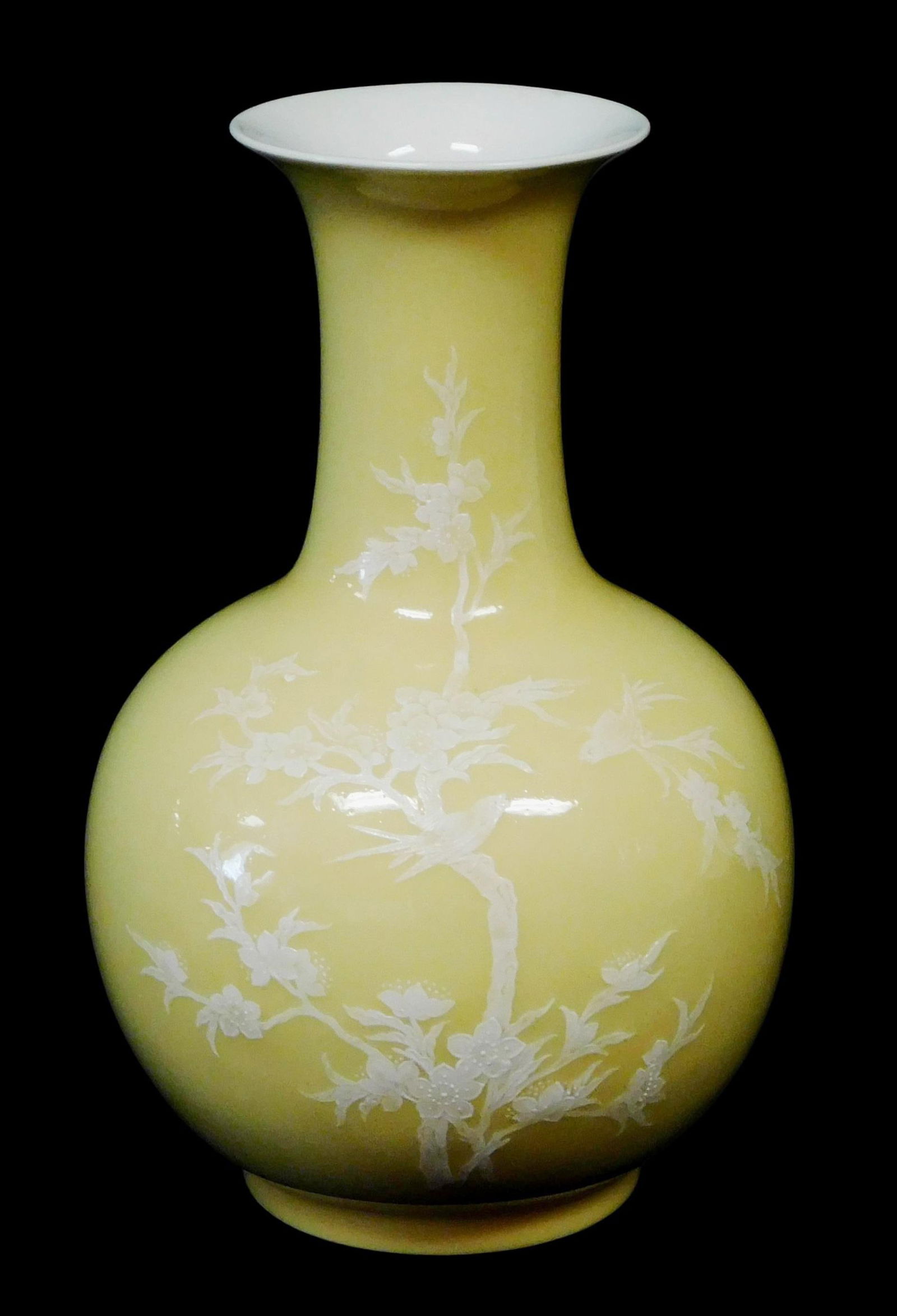 ASIAN: Chinese yellow vase with white pate-sur-pate design, 20th C., chinoiserie-style pate-sur-pate (1 of 3)