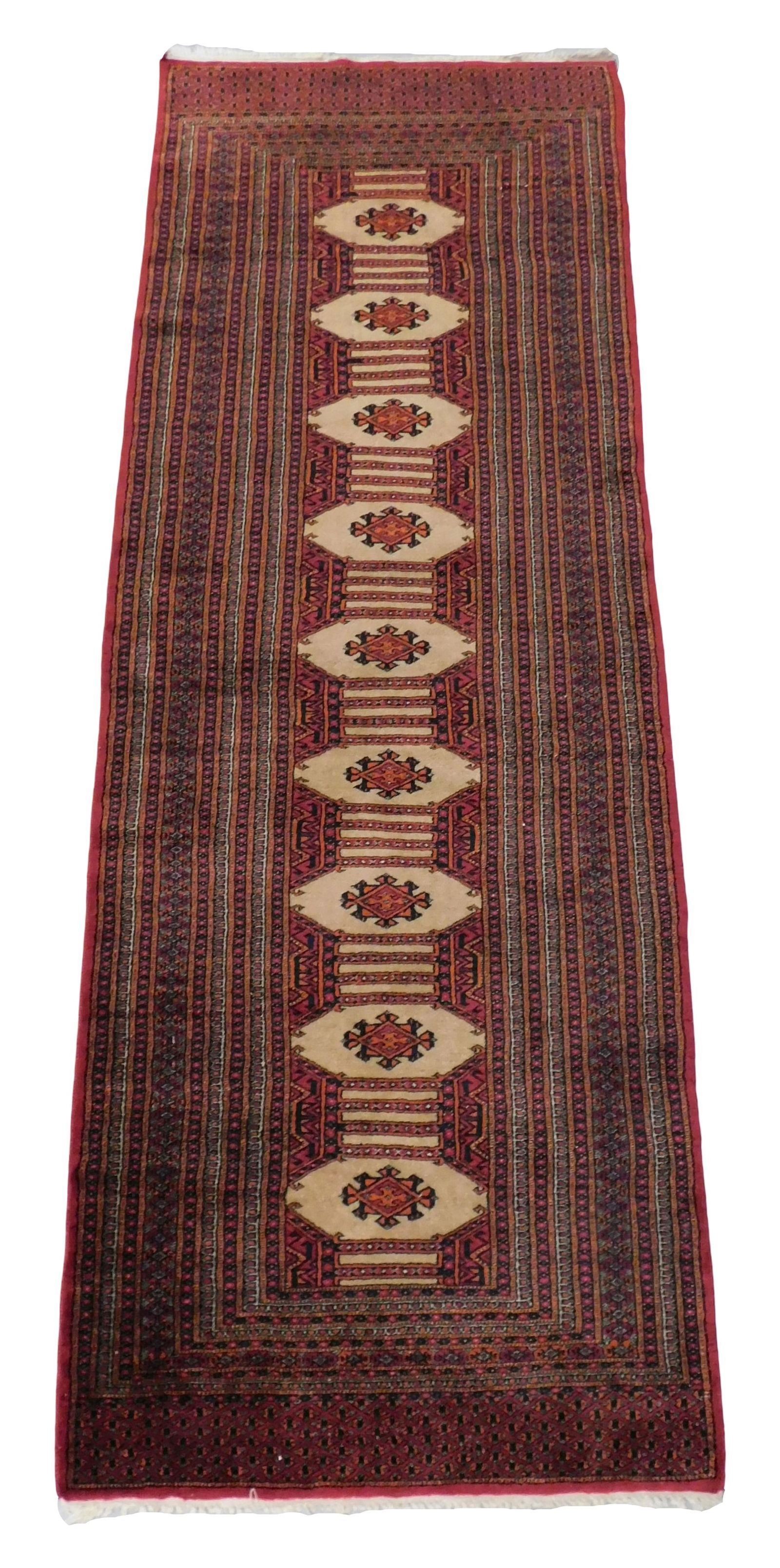 RUG: Modern Bokhara runner, 8' 10" l. x 3' 2" w., red ground, pattern includes nine tan medallions (1 of 4)