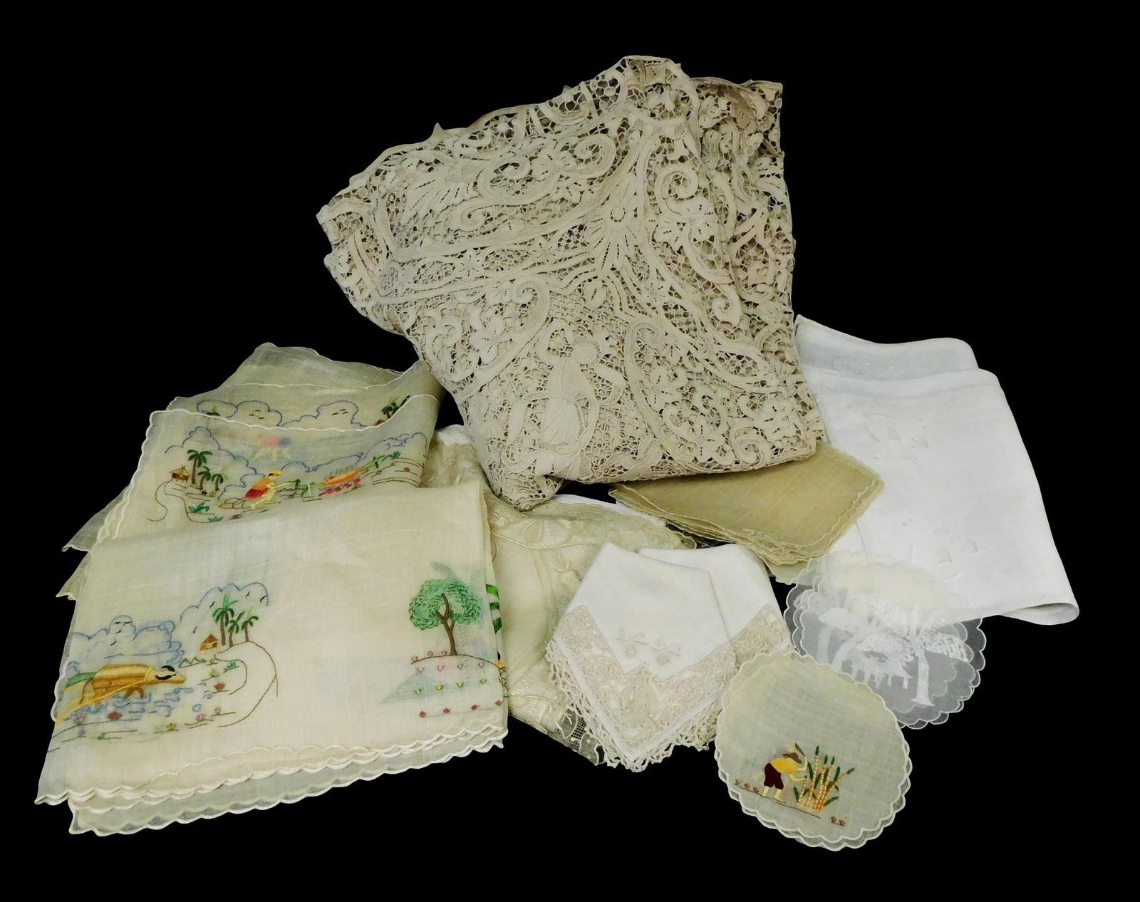 TEXTILES: 25+ pieces, including: Modern lace tablecloth, machine-made, antique style motifs of (1 of 5)