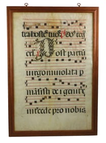 Early framed antiphonal music sheet on vellum, in double-sided frame, black square musical notation