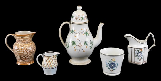 Five continental pearlware table articles, all with orange and brown glaze, details include: small