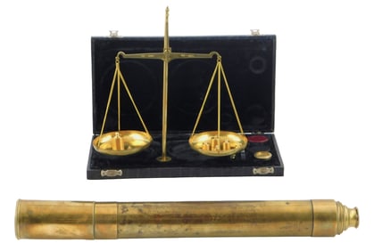 Brass telescope and balance scale set, two items, details include: Brass telescope with lens cap,