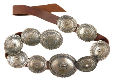 SILVER: Southwest style concho belt, Hopi artist Gilbert Tyma, ten leather backed silver concho