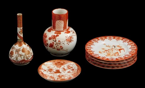 ASIAN: Seven pieces of Japanese iron red decorated porcelain, Meiji period or later, details