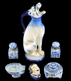 Sarreguemines, etc., six pieces, pitcher, bowl and four inkwells, porcelain with blue glaze, details