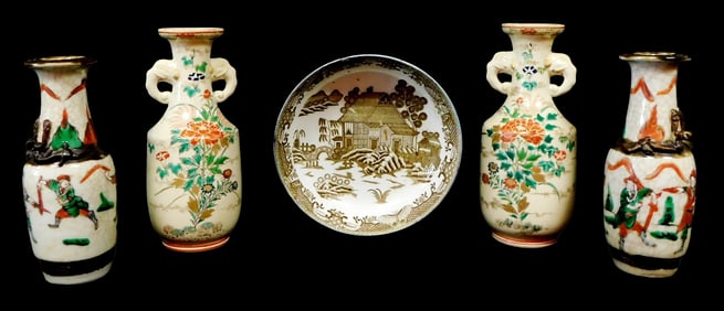 ASIAN: Five pieces of Japanese ceramics, 20th C., details include: pair of Satsuma vases, floral