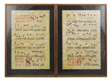 Two early framed antiphonal music sheets on vellum, black square musical notation on red staffs,
