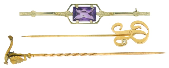 GOLD: 14k and 18k pins, three pieces, details include: 18k white gold latching pin with prong-set